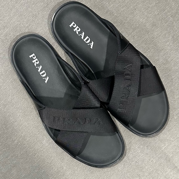 Prada Men's Nastro Web Logo Slides Sandals - Picture 1 of 16